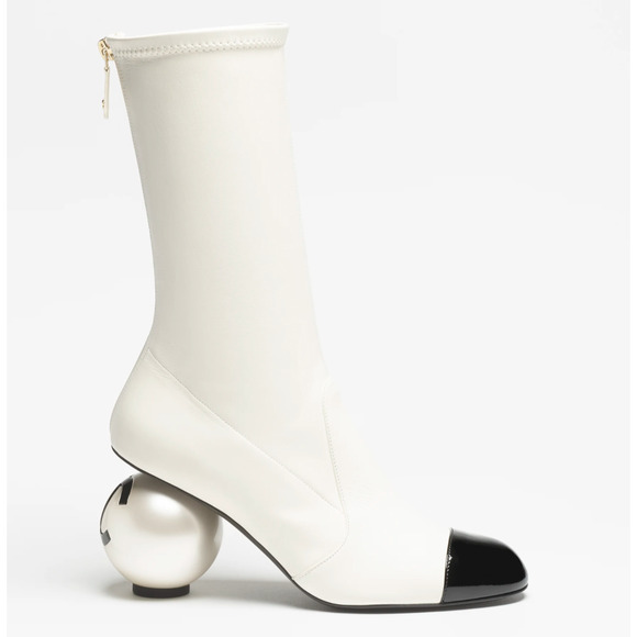 Chanel 25K White Black Pearl Ball Heel CC Logo Stretch Leather Midcalf Boot 39.5 - Picture 7 of 16